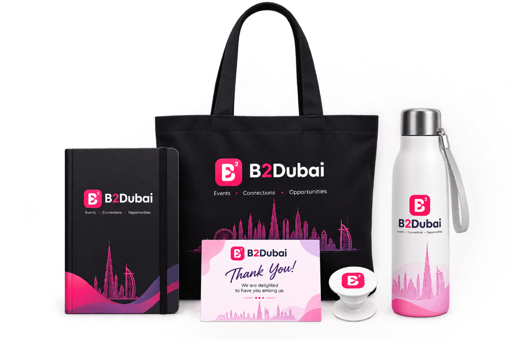 B2Dubai Official Swag Merchandise: Tote Bag, Notebook, Water Bottle, Thank You Card