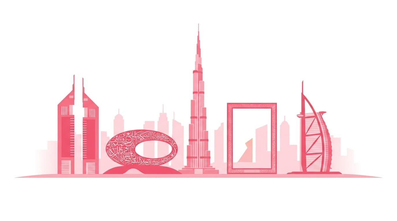 Famous Dubai landmarks illustration in pink: Burj Khalifa, Burj Al Arab, Museum of the Future, Dubai Frame