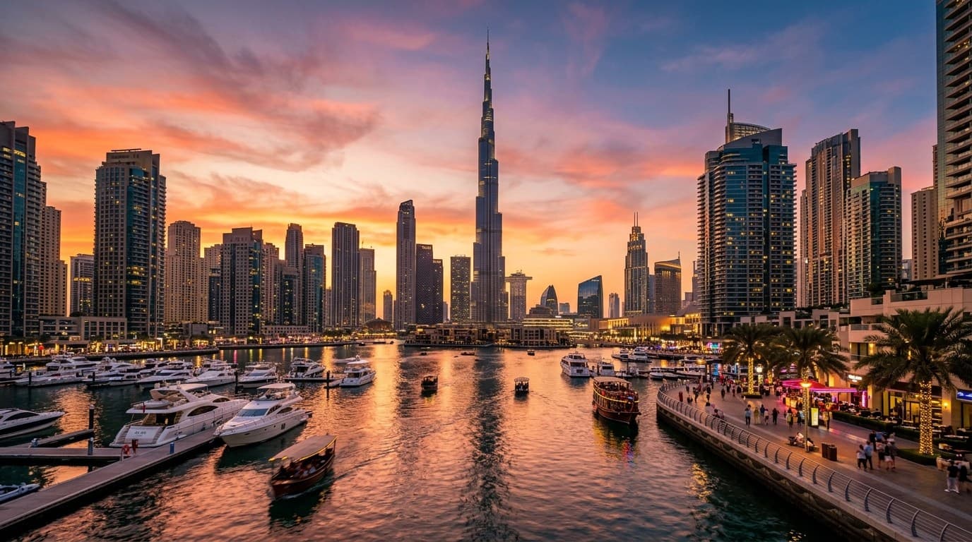 Dubai skyline at golden hour — Burj Khalifa and city skyline
