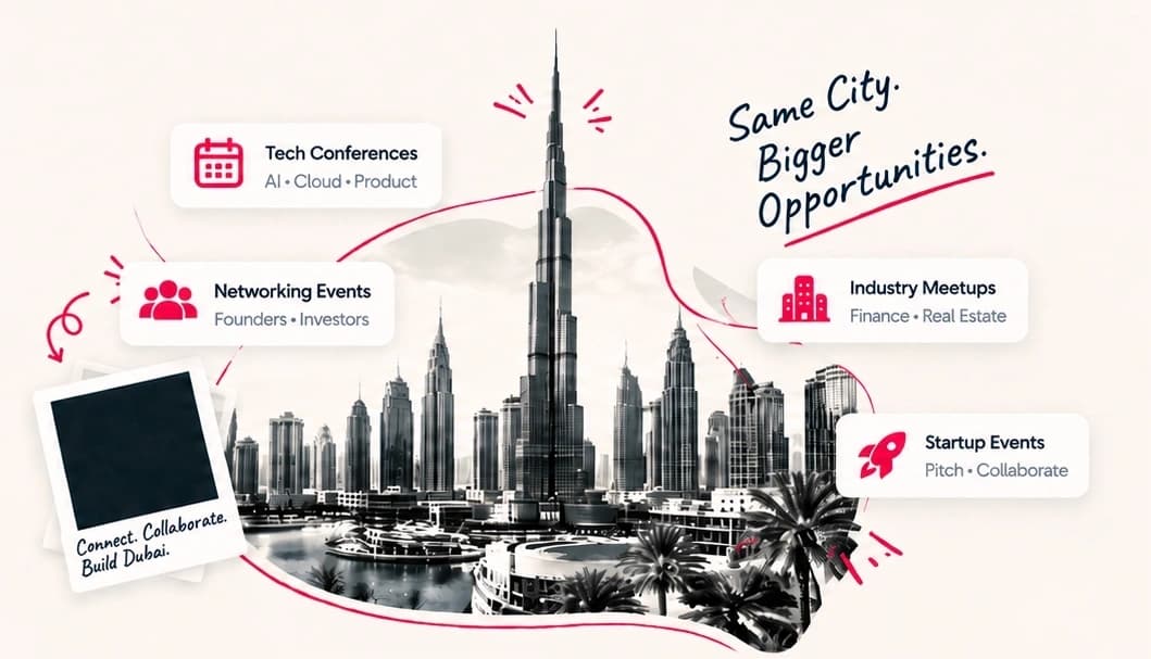 Dubai skyline with Burj Khalifa, B2B event categories, and business opportunities: Same City. Bigger Opportunities.